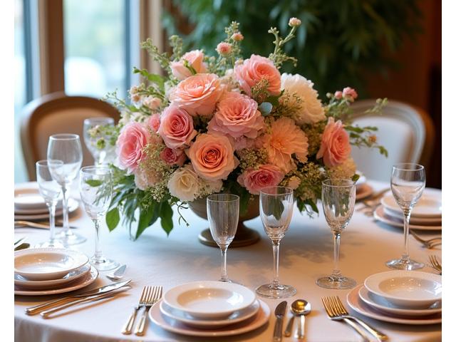 Bilde av en elegant floral oppdekning for et arrangement, som representerer skreddersydde arrangementer.