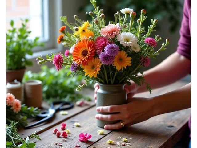 Bilde av en person som deltar på et blomsterbindingskurs, som representerer bærekraftige workshops.