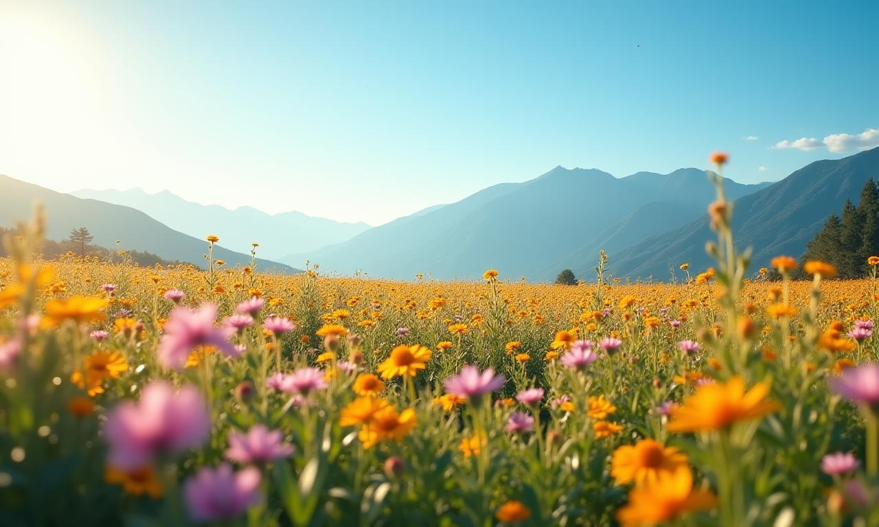 Et frodig, blomstrende felt badet i solskinn, med fjell i bakgrunnen.