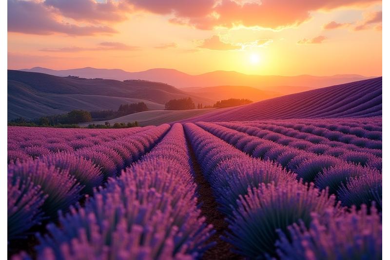 Vidstrakte lavendelenger i blomst i Provence, Frankrike, ved solnedgang.